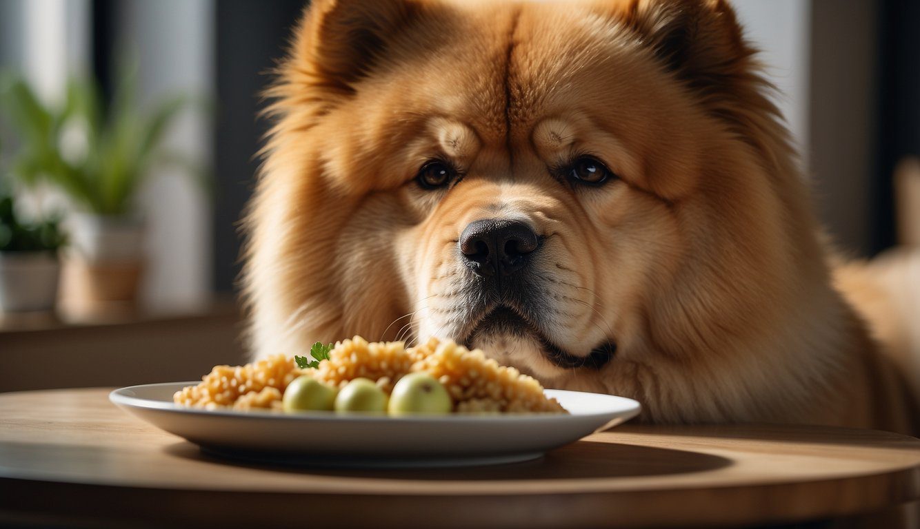 A Chow Chow dog eating a balanced meal of high-quality protein, healthy fats, and complex carbohydrates, with a bowl of fresh water nearby