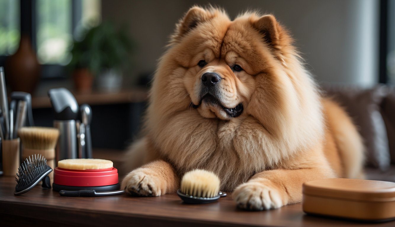 A table with grooming tools: slicker brush, comb, scissors, and nail clippers. A fluffy Chow Chow sits patiently for grooming