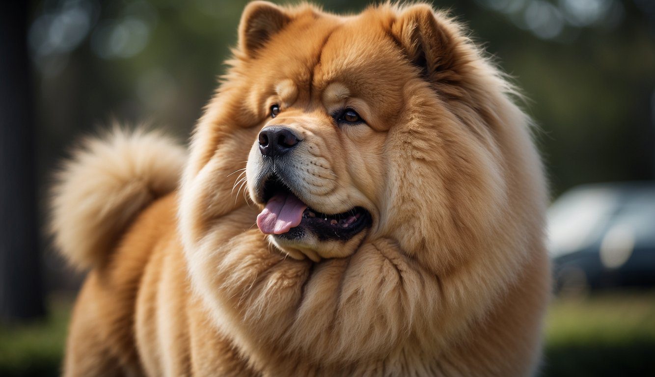 A Chow Chow stands tall and proud, with a thick, fluffy coat and a sturdy build. Its expression is dignified and aloof, exuding an air of confidence and independence