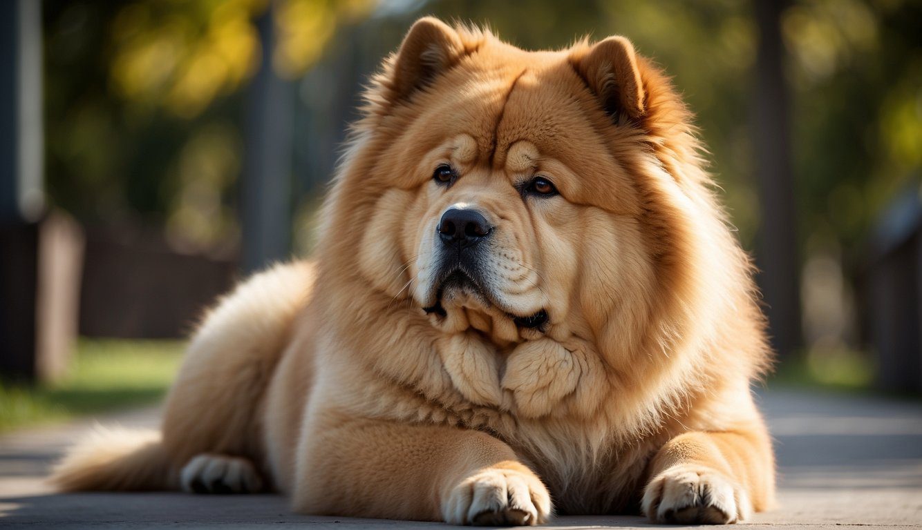 A Chow Chow dog sits calmly with a stoic expression, exuding confidence and independence. Its thick fur and sturdy build convey strength and resilience