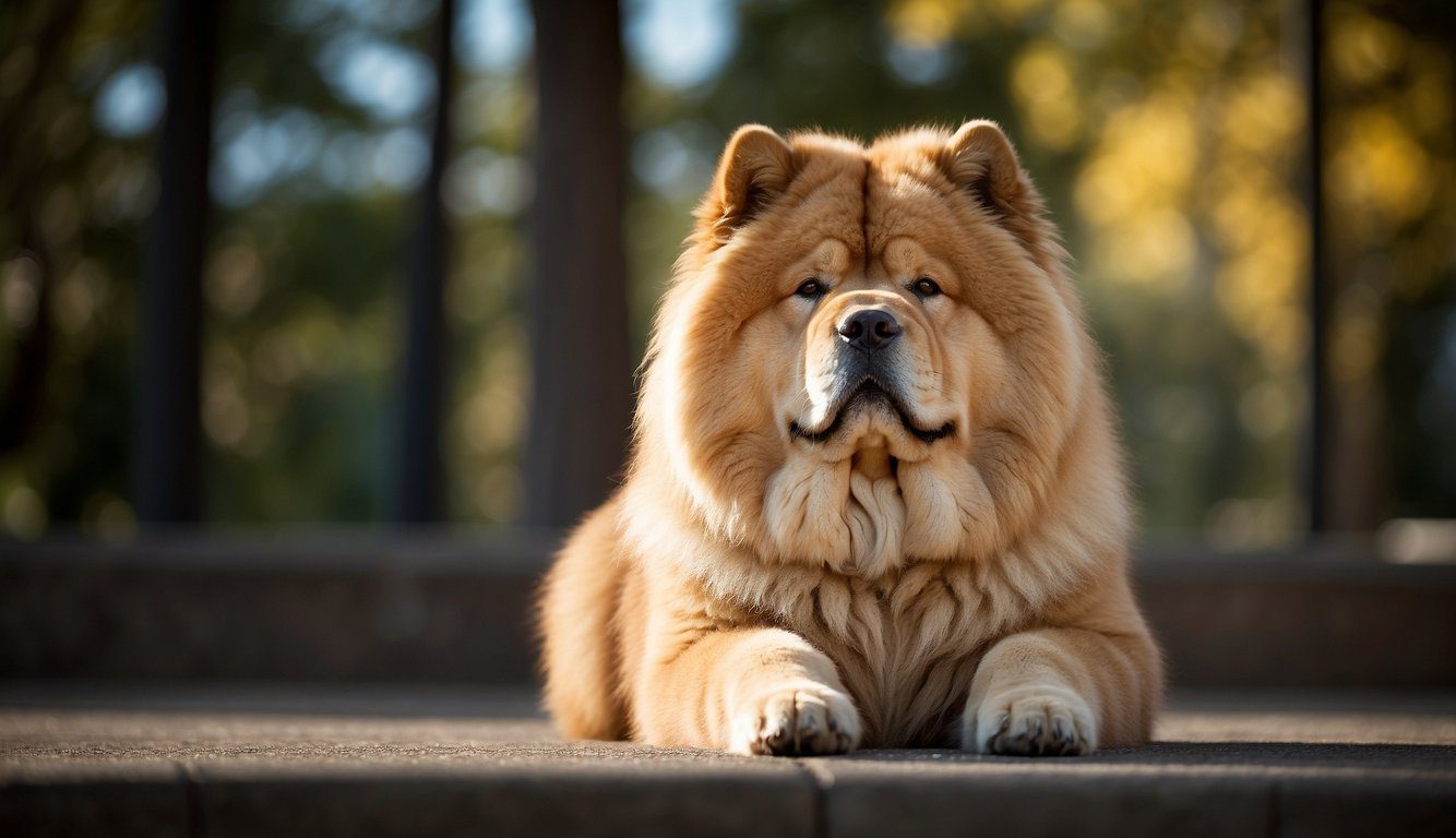 A Chow Chow stands confidently, with a dignified and aloof expression. Its thick, lion-like mane frames its face, and its sturdy build exudes strength and resilience