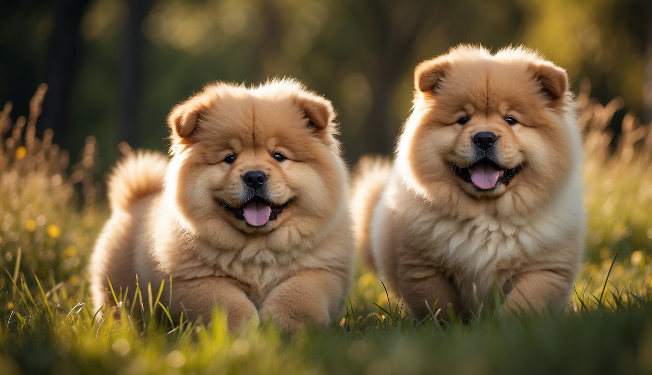 Fluffy Chow Chow puppies playing in a grassy field, their thick fur shining in the sunlight, their tongues lolling out as they bound around