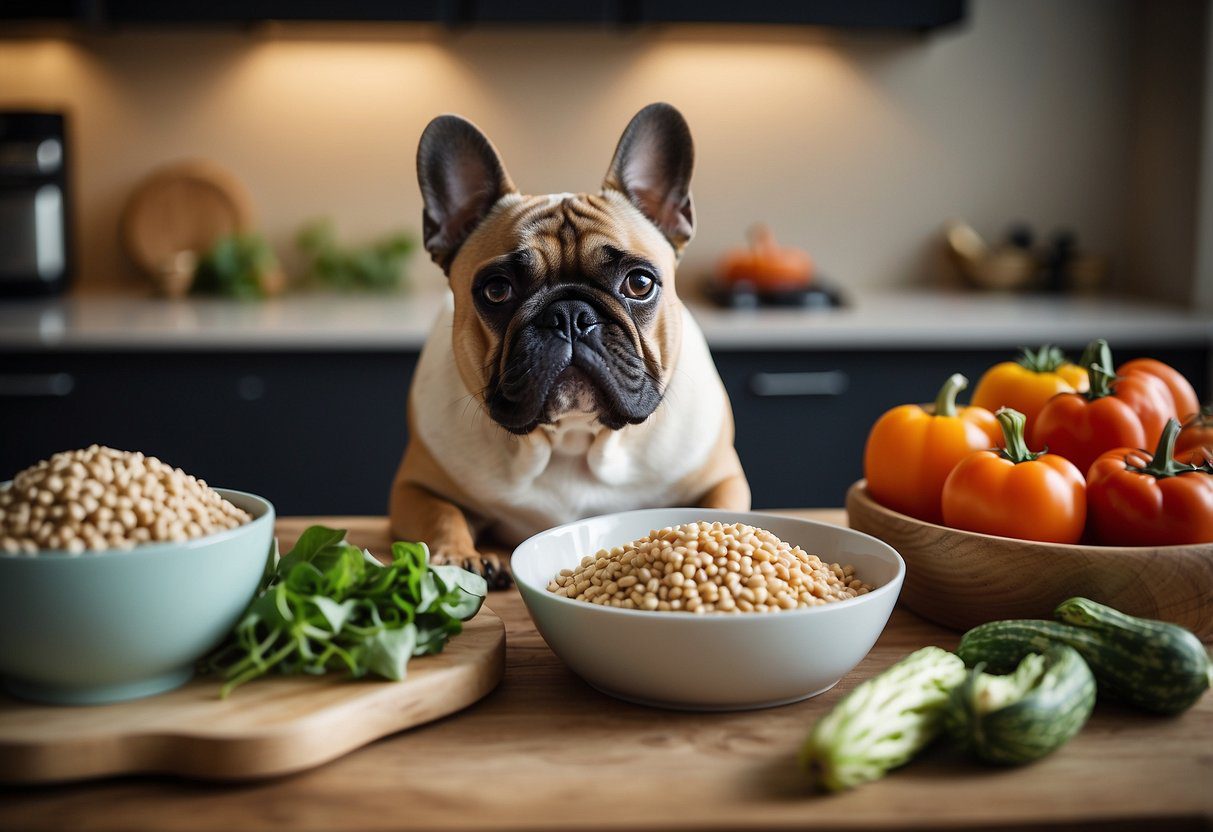 A countertop with fresh vegetables, lean meats, and grains, surrounded by dog bowls and a cookbook titled "Balanced Diet Homemade Dog Food Recipes for French Bulldogs."