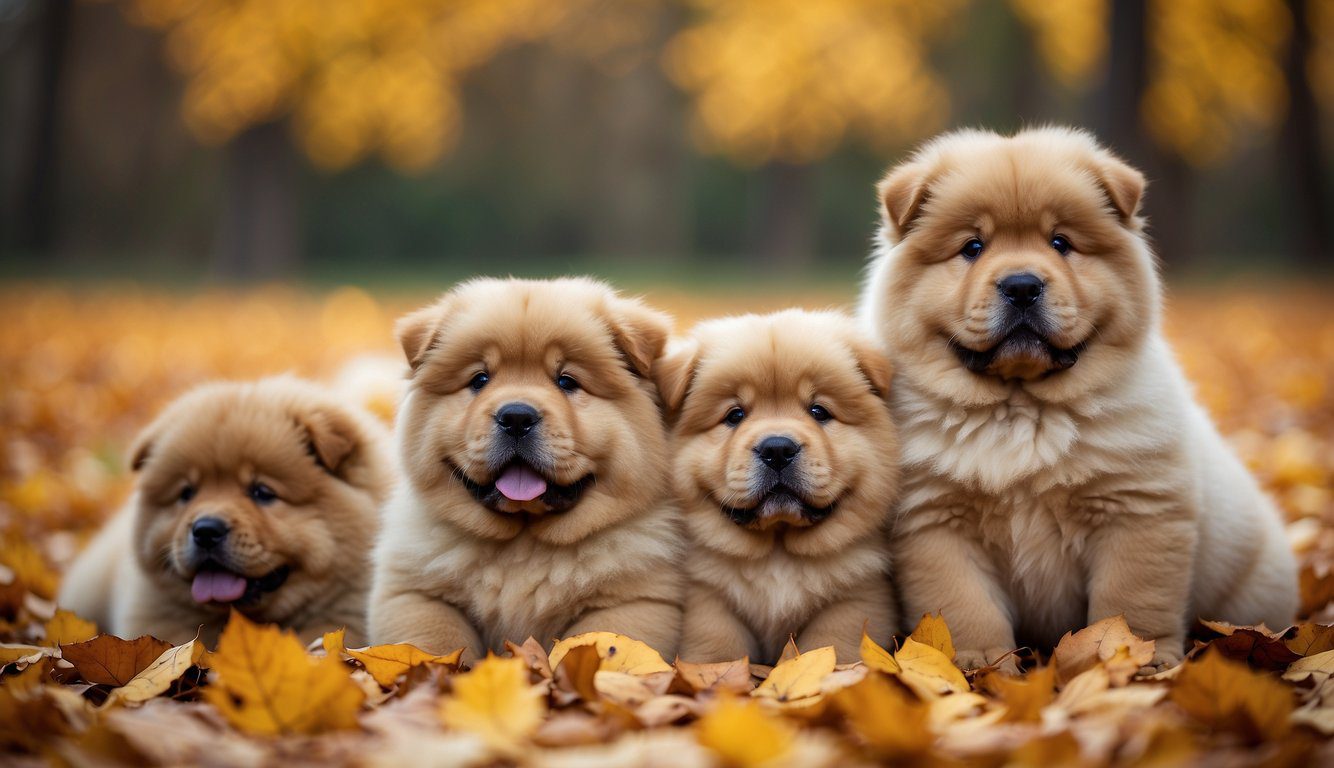 A litter of fluffy Chow Chow puppies play in a pile of colorful autumn leaves, surrounded by proud breeders