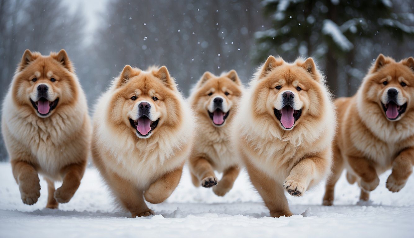 A pack of Snowlion Chows Chow Chow breeders playfully romp in the snow, their fluffy coats blending seamlessly with the wintry landscape