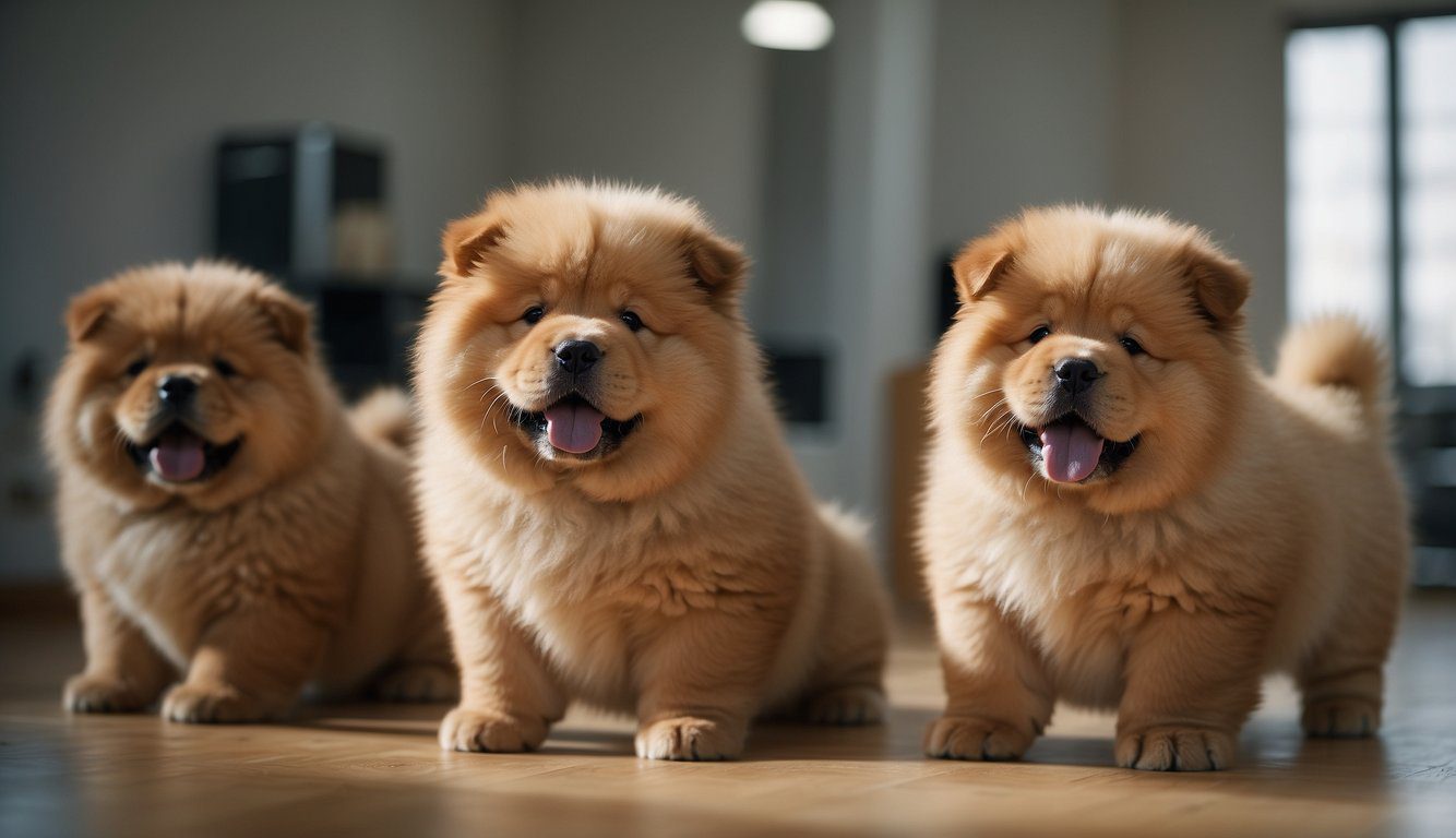 Two fluffy Imperial Chow Chow puppies playfully interact with their breeders in a spacious, well-lit room