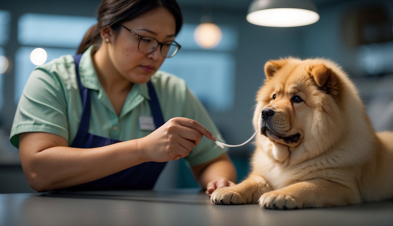 A Chow Chow breeder carefully selects a puppy from a litter, examining its physical features and temperament