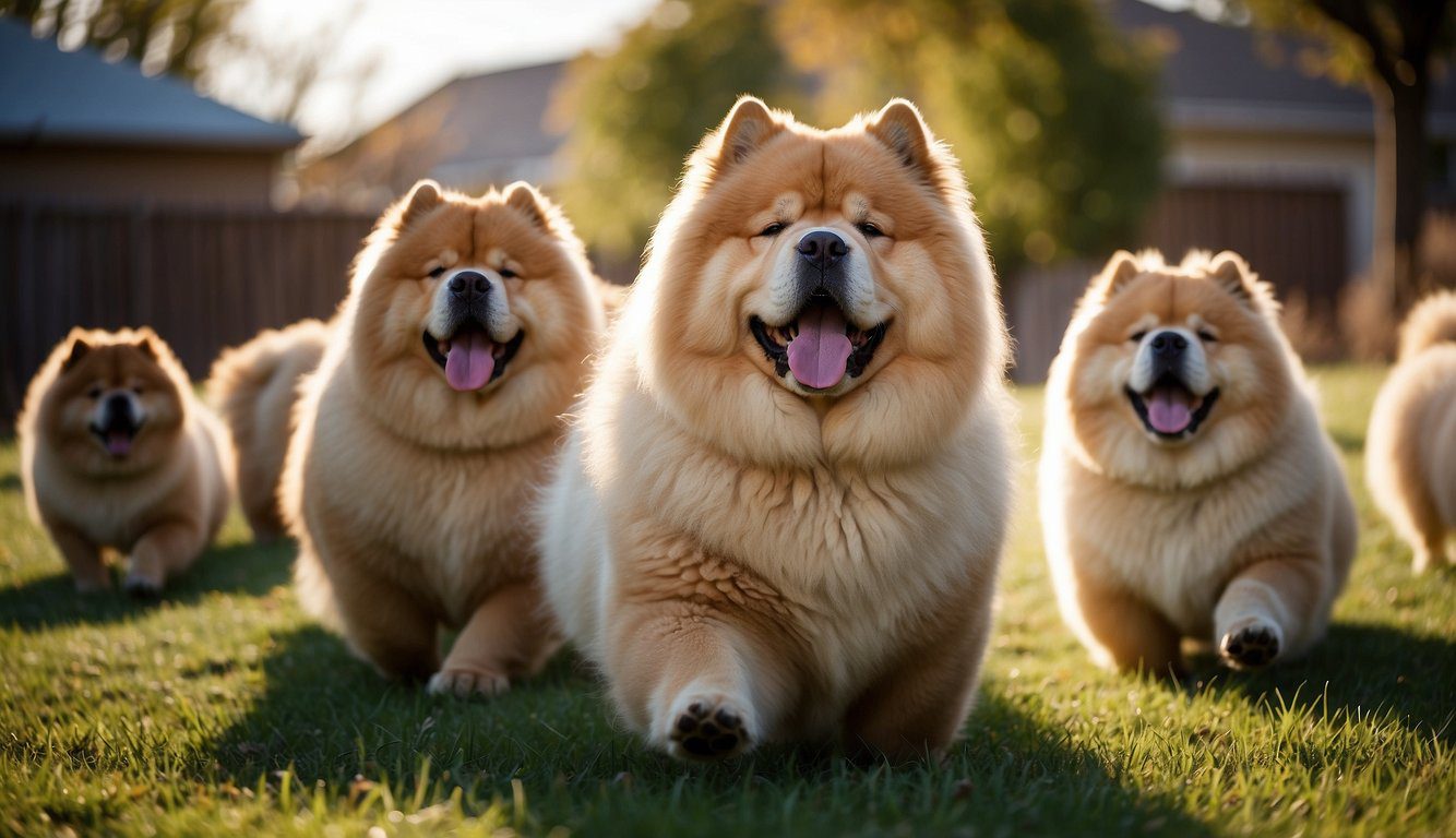 A group of fluffy Chow Chows play in a spacious, sunlit yard at Charming Chows Colorado. The dogs' thick fur and distinctive blue tongues are on full display as they romp and interact with each other