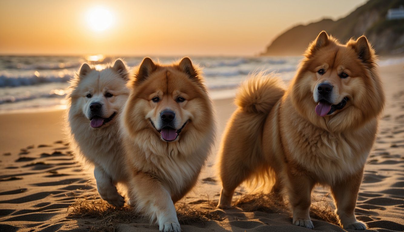 A California beach at sunset with Chow Chow dogs playing in the sand, waves crashing in the background