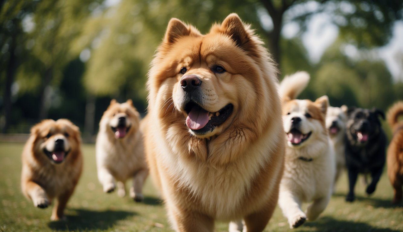 A Chow Chow cautiously approaches a group of friendly dogs, gradually joining in their play and socializing confidently