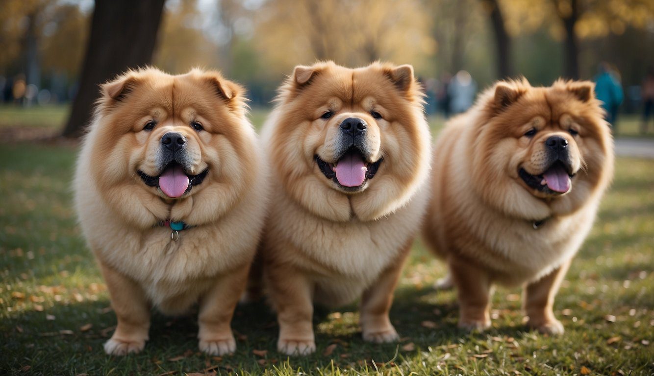 A group of Chow Chows interact in a park, sniffing and playing together, while their owners chat nearby