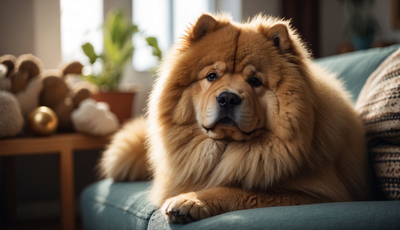 A fluffy Chow Chow sits in a cozy living room, being petted by its new owner. The room is filled with toys and treats, creating a warm and welcoming atmosphere