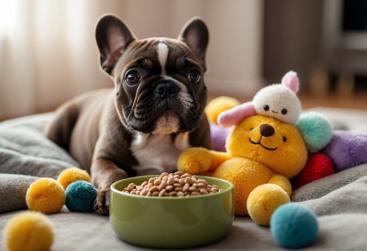 A fluffy French Bulldog puppy eagerly eats from a small bowl of kibble, surrounded by toys and a cozy bed
