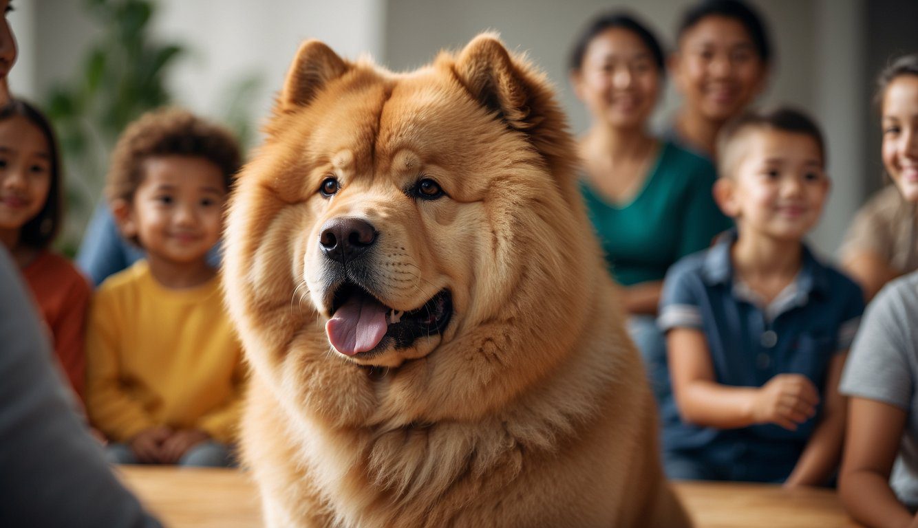 A Chow Chow sits attentively as a family eagerly asks questions about adopting one. The room is filled with excitement and curiosity