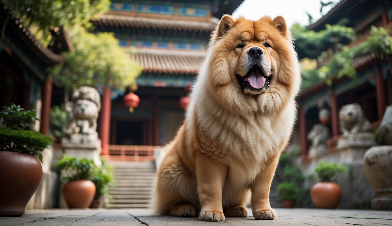 A Chow Chow stands proudly in a traditional Chinese courtyard, surrounded by ancient architecture and lush greenery. Its thick, lion-like mane and distinctive blue tongue are on full display, showcasing the breed's unique characteristics