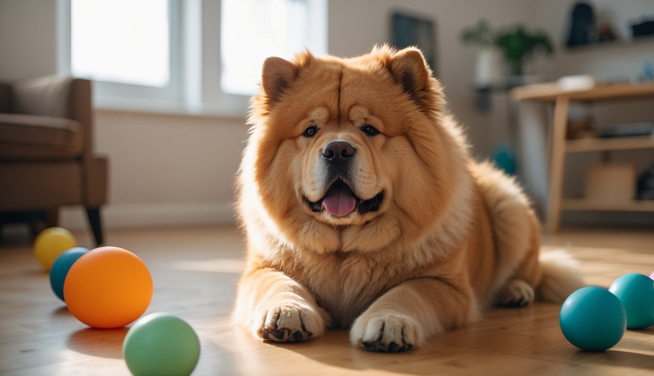 A Chow Chow stands alone, avoiding eye contact with other dogs at a crowded park. Its body language is tense, with a stiff posture and low tail