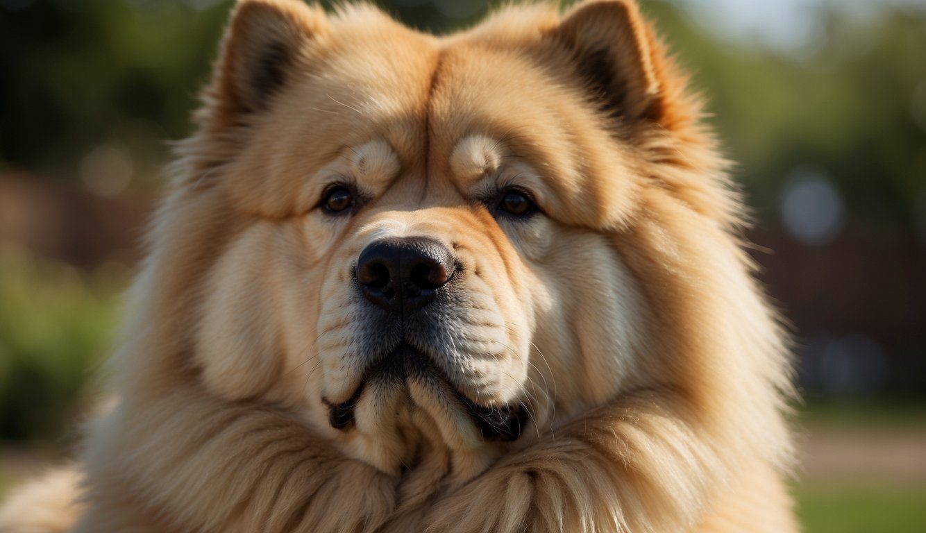 A Chow Chow dog sits gracefully, its thick fur flowing in the breeze, surrounded by symbols of healthy living: a balanced diet, exercise, and regular veterinary care