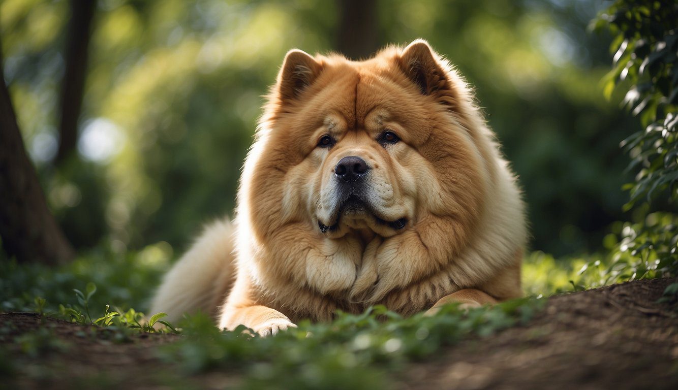 A Chow Chow dog rests under a shady tree, surrounded by lush greenery, with a serene expression on its face