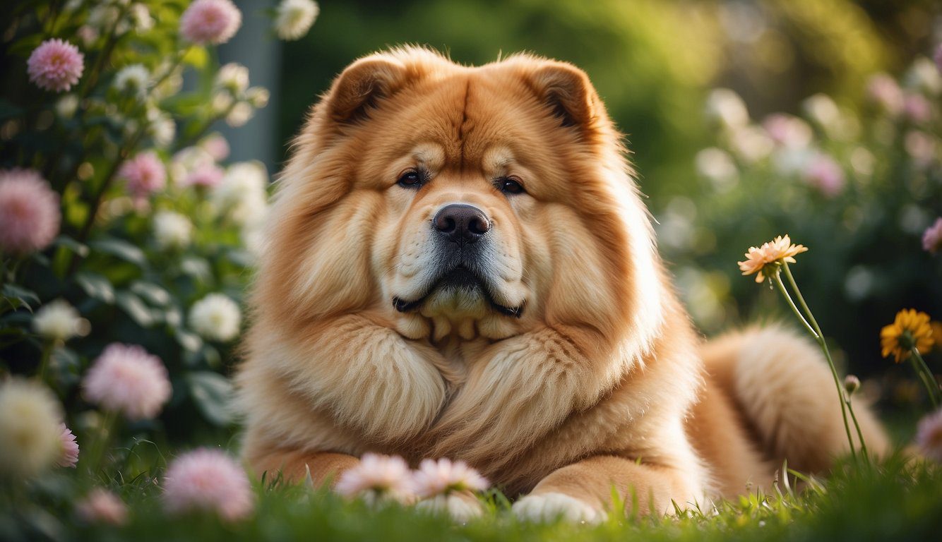 A majestic Chow Chow dog lounges in a serene garden, surrounded by blooming flowers and lush greenery, exuding an air of wisdom and grace