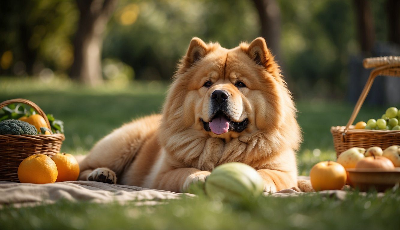 A Chow Chow dog lounges in a serene, nature-filled setting, surrounded by healthy foods and engaging in activities promoting wellness and longevity