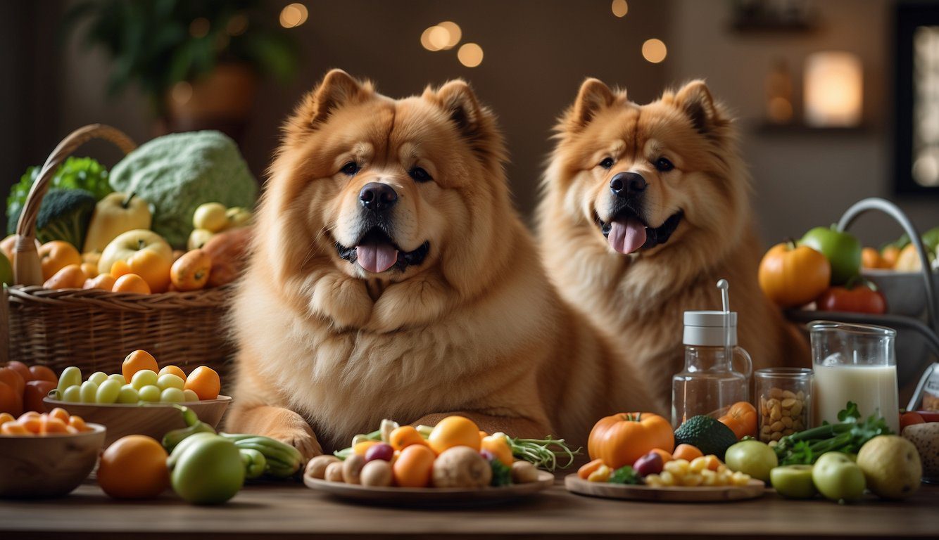 A Chow Chow dog is surrounded by healthy food, exercise equipment, and a veterinarian providing care, symbolizing preventive health strategies for a longer lifespan