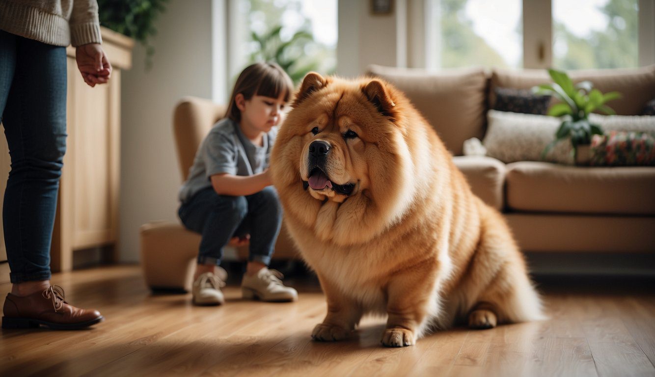 A Chow Chow dog interacts with a family in a home setting, showing loyalty and affection. The dog's lifespan is influenced by socialization and care