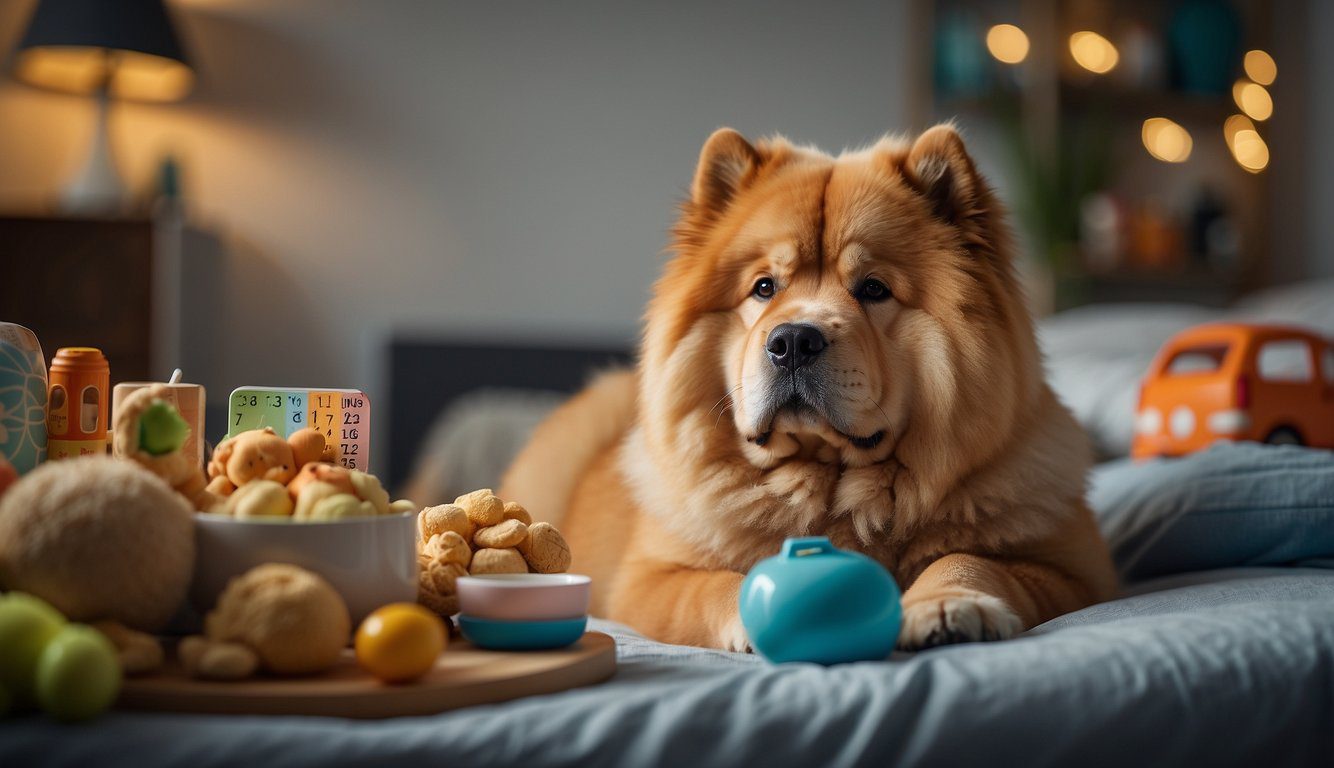 A Chow Chow dog resting on a comfortable bed, surrounded by toys and bowls of food and water, with a calendar showing the passing of time