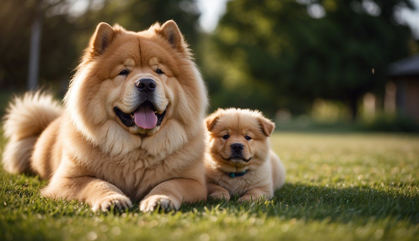 A Chow Chow puppy plays in a grassy yard, while an adult Chow Chow rests in a cozy bed, and an elderly Chow Chow enjoys a leisurely walk with their owner