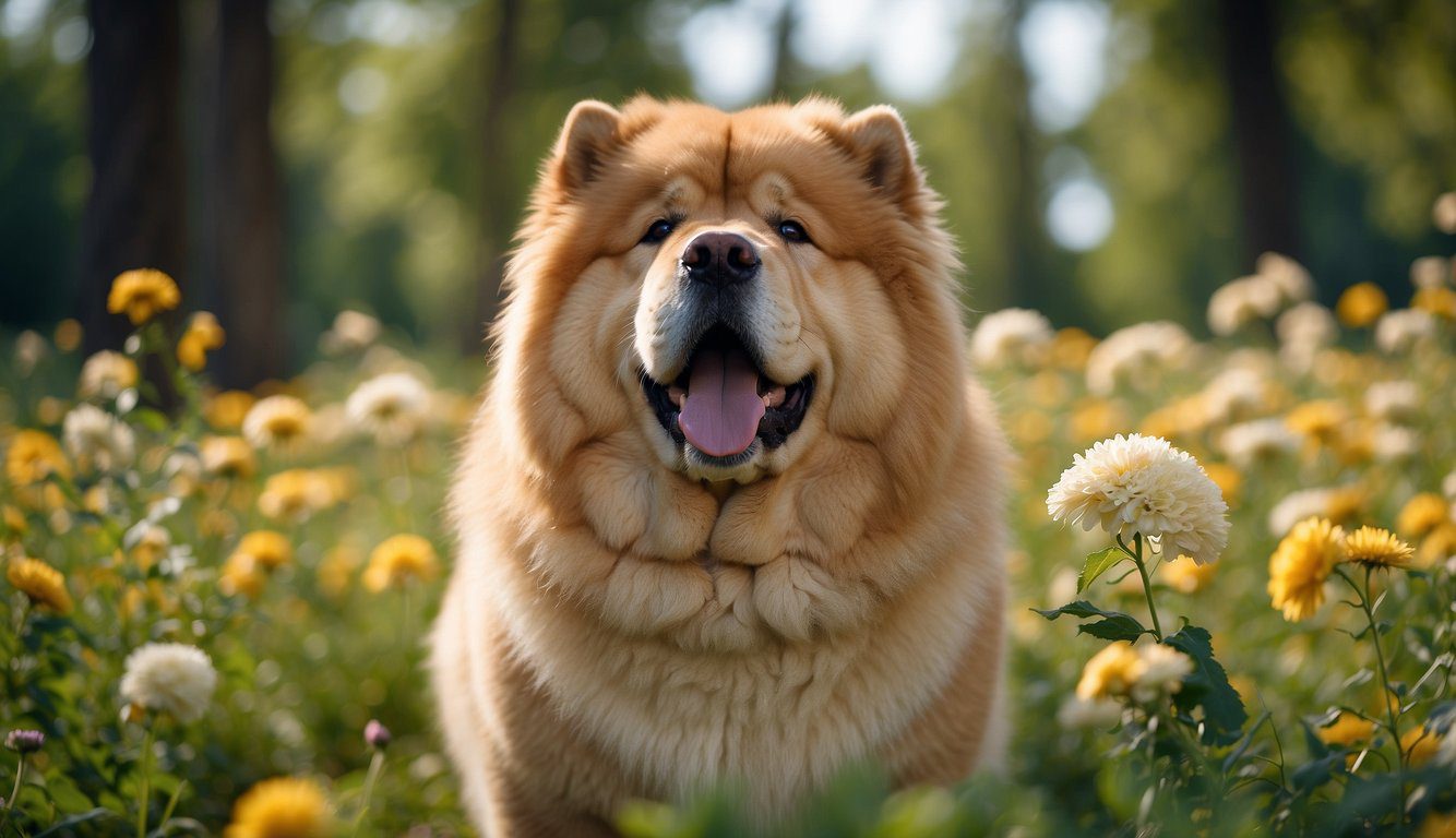 A Chow Chow dog playing in a spacious, green park, surrounded by vibrant flowers and tall trees, with a clear blue sky overhead