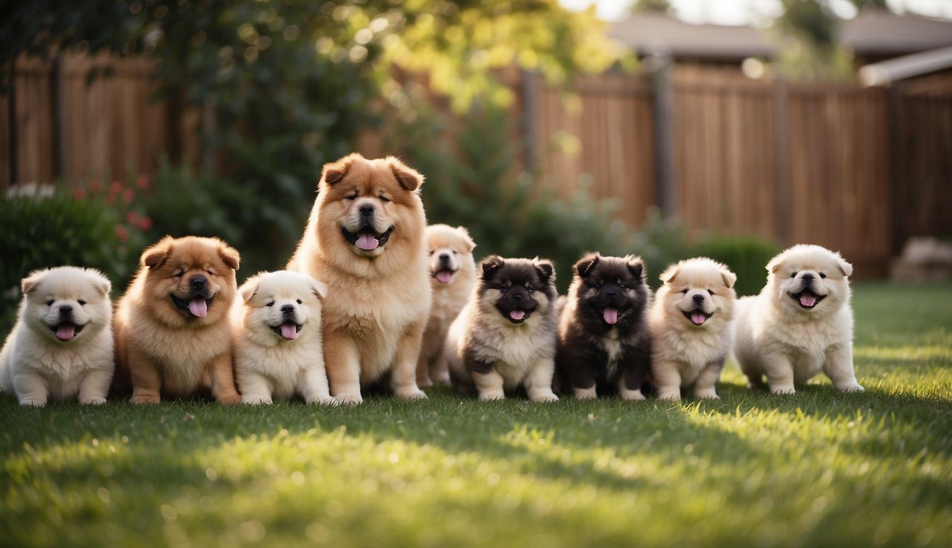 Chow Chows playing in a backyard, surrounded by puppies and older dogs. A family is happily adopting a new puppy