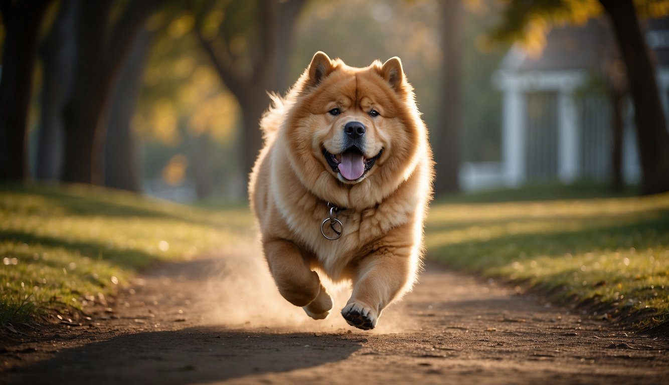 A Chow Chow dog running in a spacious park, with a leash attached to its collar, and a bowl of water nearby