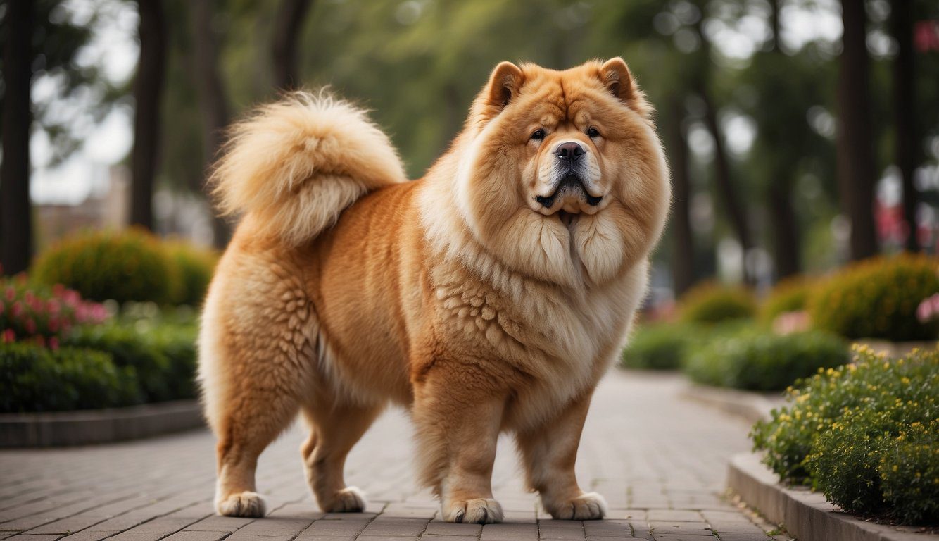 A Chow Chow standing tall, with a thick double coat, a lion-like ruff around its neck, and a curled tail, in a serene and regal posture