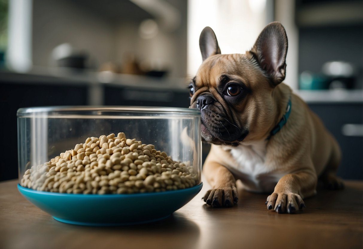 The fluffy Frenchie puppy eagerly waits by its food bowl as the owner prepares a feeding schedule with carefully measured portions of kibble and water