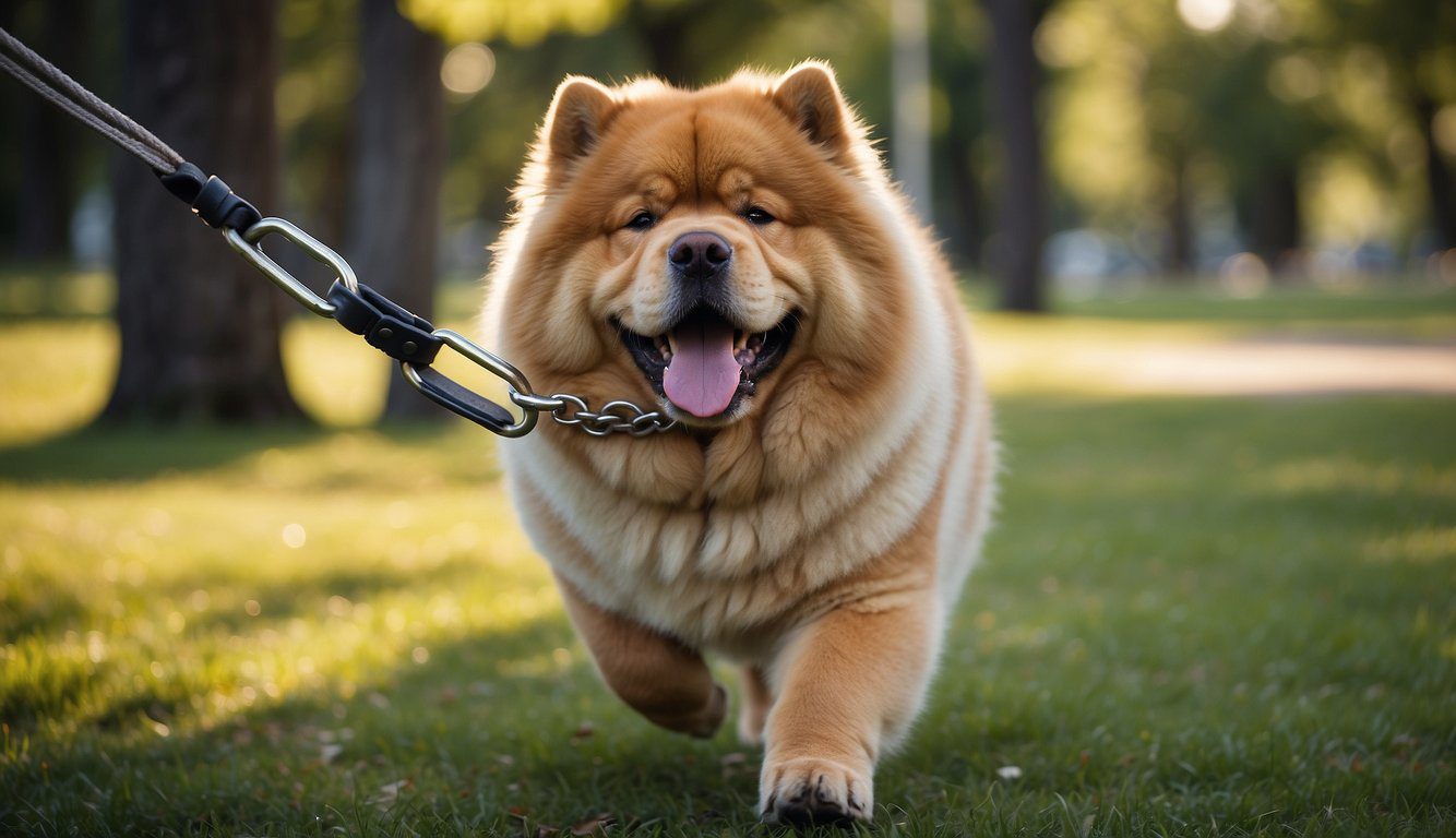 A Chow Chow dog walks on a leash in a park, surrounded by trees and grass. It has a happy expression and its tongue is hanging out