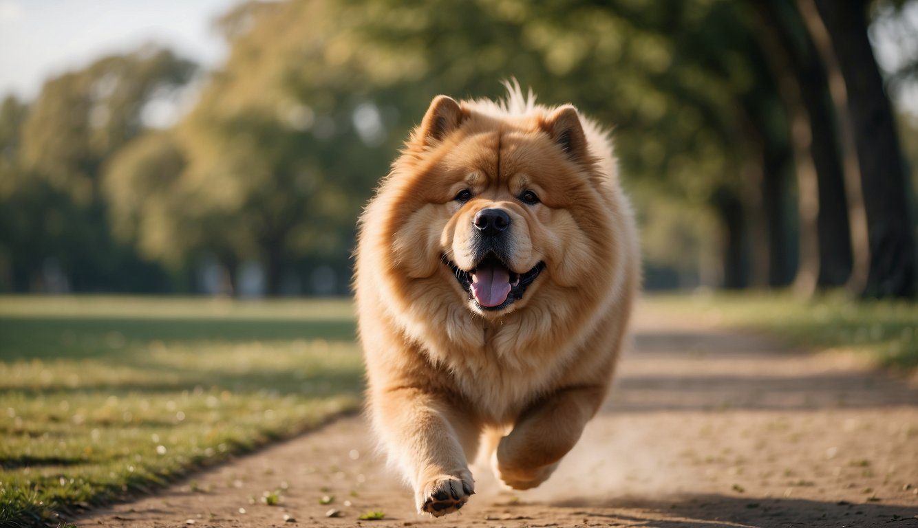 A Chow Chow dog running in a spacious park, chasing after a ball with a look of determination and excitement on its face