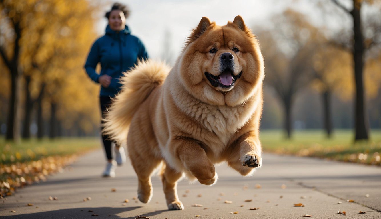 A Chow Chow dog eagerly runs alongside its owner during a brisk morning jog in the park, showcasing its need for regular exercise