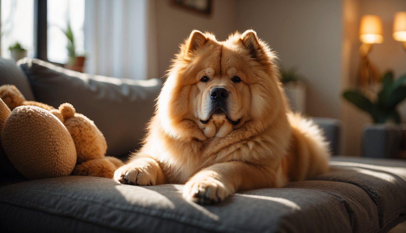 A Chow Chow lounges in a cozy living room, surrounded by plush toys and a comfortable bed. Sunlight streams in through the window, casting a warm glow on the fluffy fur of the dog