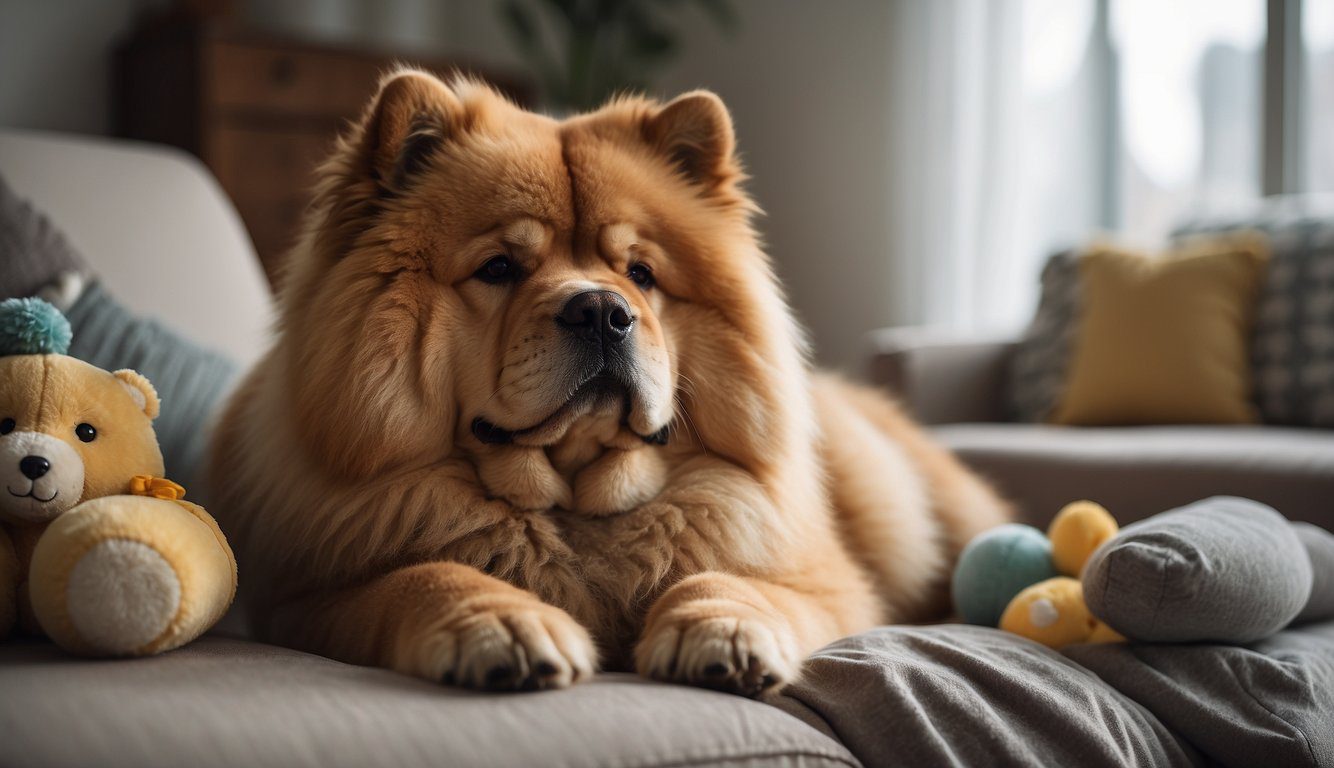 A Chow Chow lounges in a cozy living room, surrounded by toys and a plush bed. The dog gazes out the window, with a serene expression