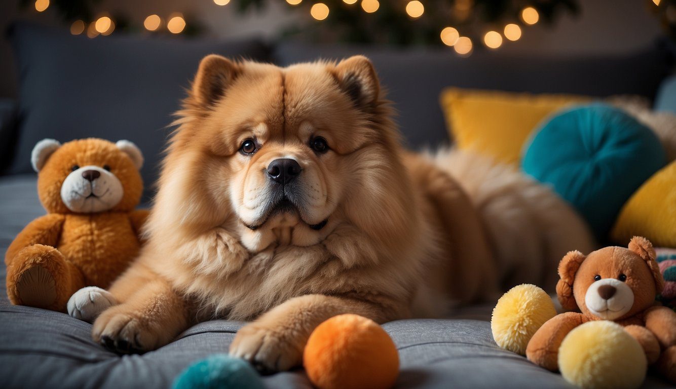 A fluffy Chow Chow lounges on a plush bed, surrounded by toys and treats. Its expressive eyes gaze out with a mix of curiosity and calmness, embodying the breed's unique combination of independence and loyalty