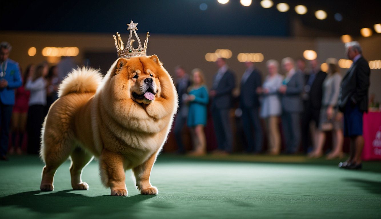 A Chow Chow stands proudly in a spotlight, wearing a winner's crown at the Jambalaya Cluster Dog Show