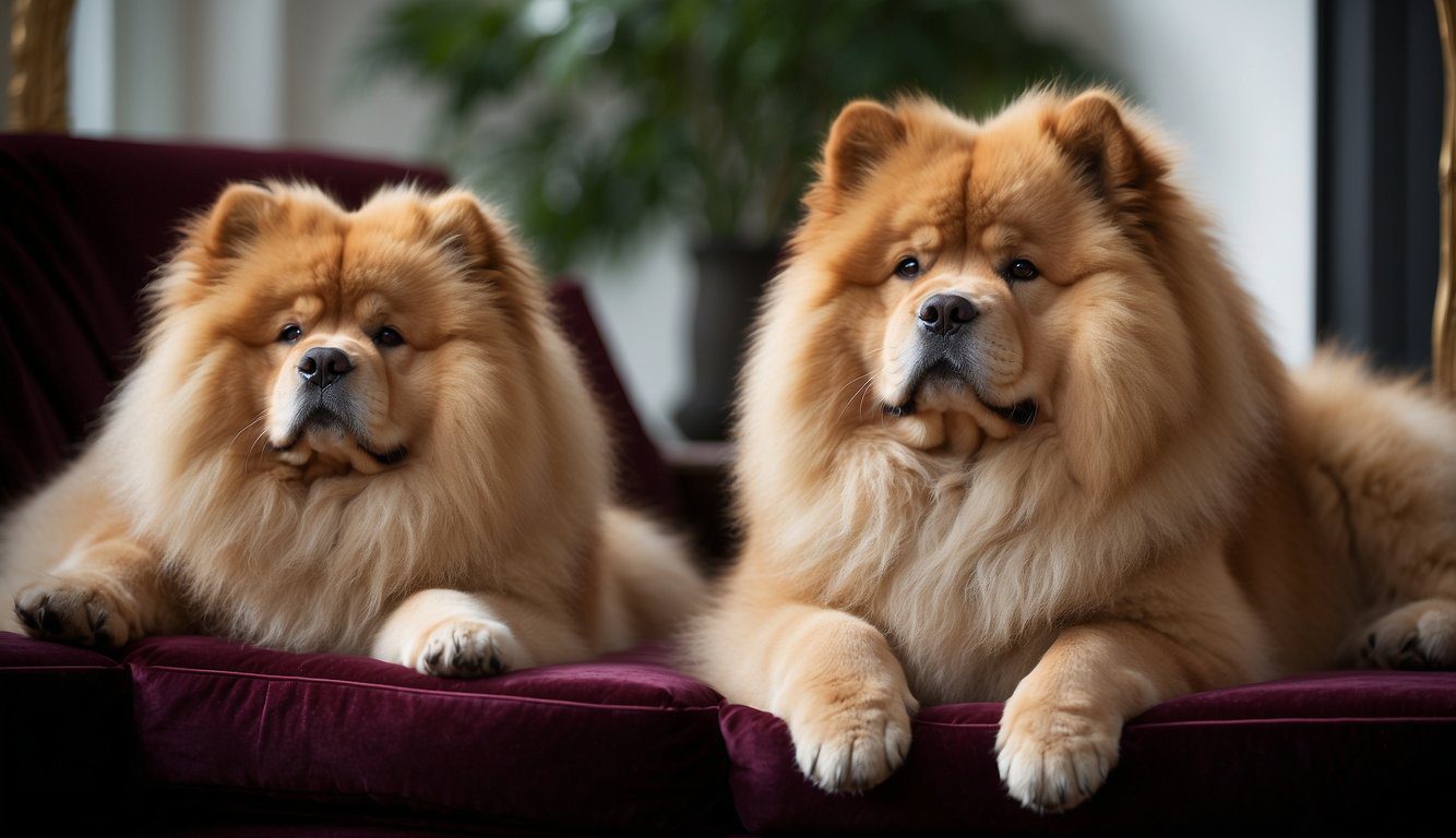 Queen Victoria's Chow Chow sits regally on a velvet cushion, its thick fur cascading around it. The royal dog exudes an air of elegance and nobility, with its fluffy mane and lion-like appearance