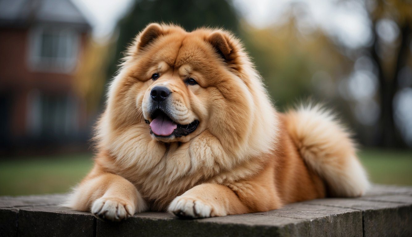 A Chow Chow dog sits proudly with a stoic expression, its fluffy coat adding to its regal appearance. It exudes a sense of independence and aloofness, with a hint of underlying loyalty and protectiveness