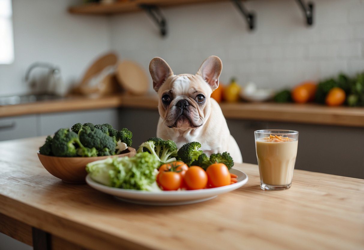 A fluffy Frenchie happily munches on a balanced meal of fresh vegetables, lean protein, and whole grains in a bright and airy kitchen