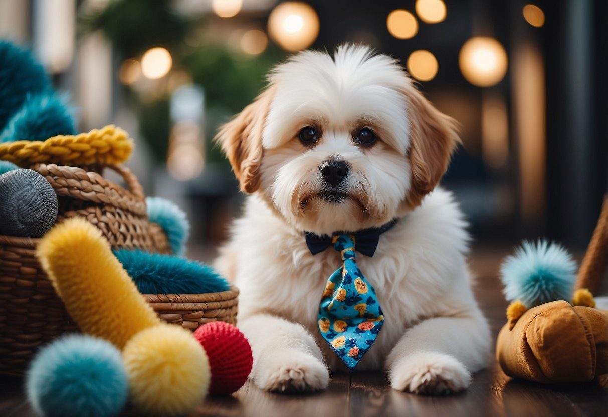 A fluffy dog wearing a stylish collar and leash, with a matching bowtie and bandana, surrounded by trendy dog toys and grooming products