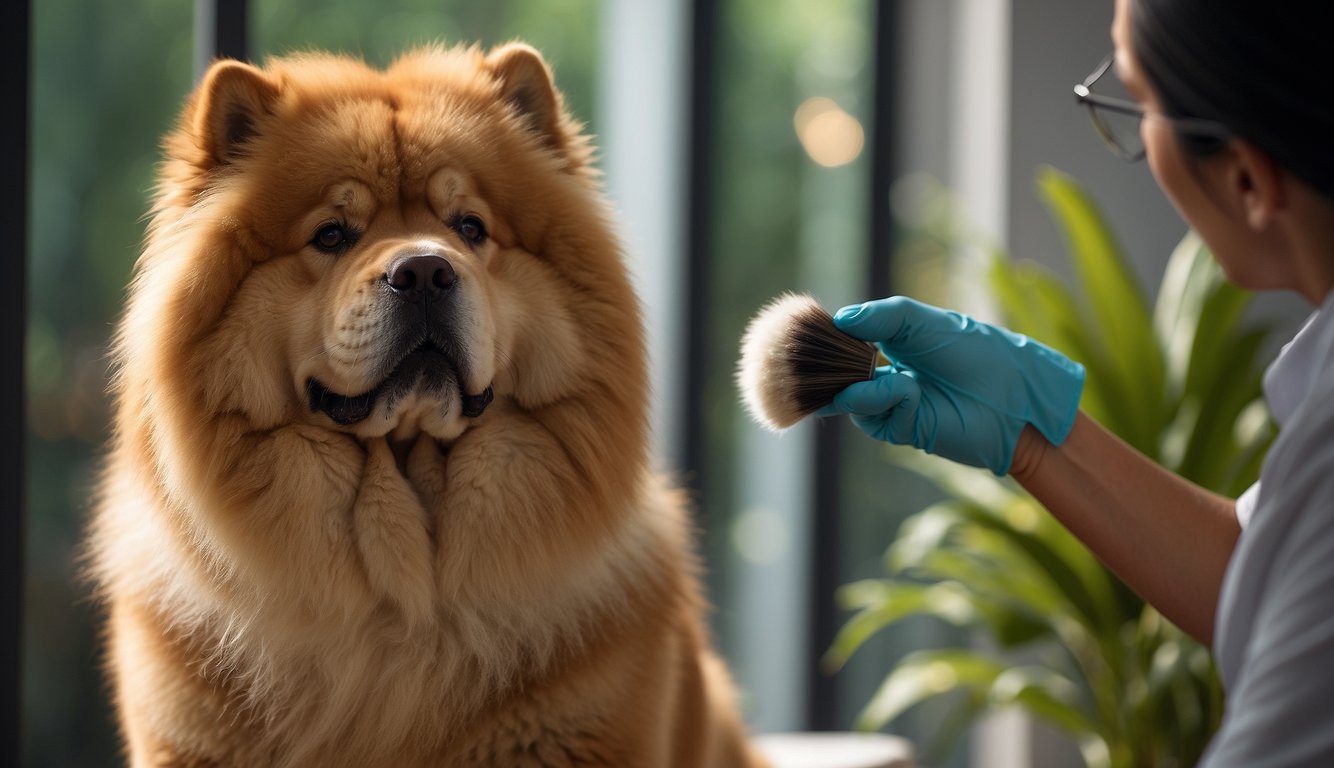 A Chow Chow dog being groomed, with a brush in hand and fluffy fur being managed