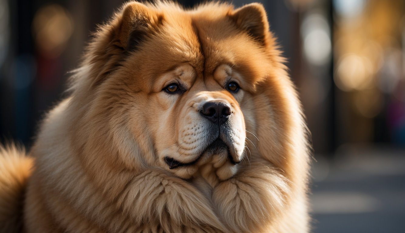 A Chow Chow stands proudly, its thick, mane-like fur framing its regal face