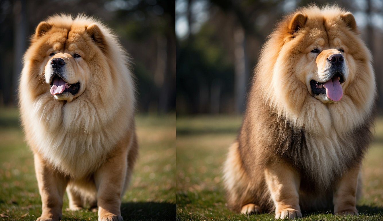 A Chow Chow dog stands proudly with a thick, fluffy coat, a distinctive blue-black tongue, and a lion-like mane. Its sturdy build and aloof expression exude an air of regal mystery