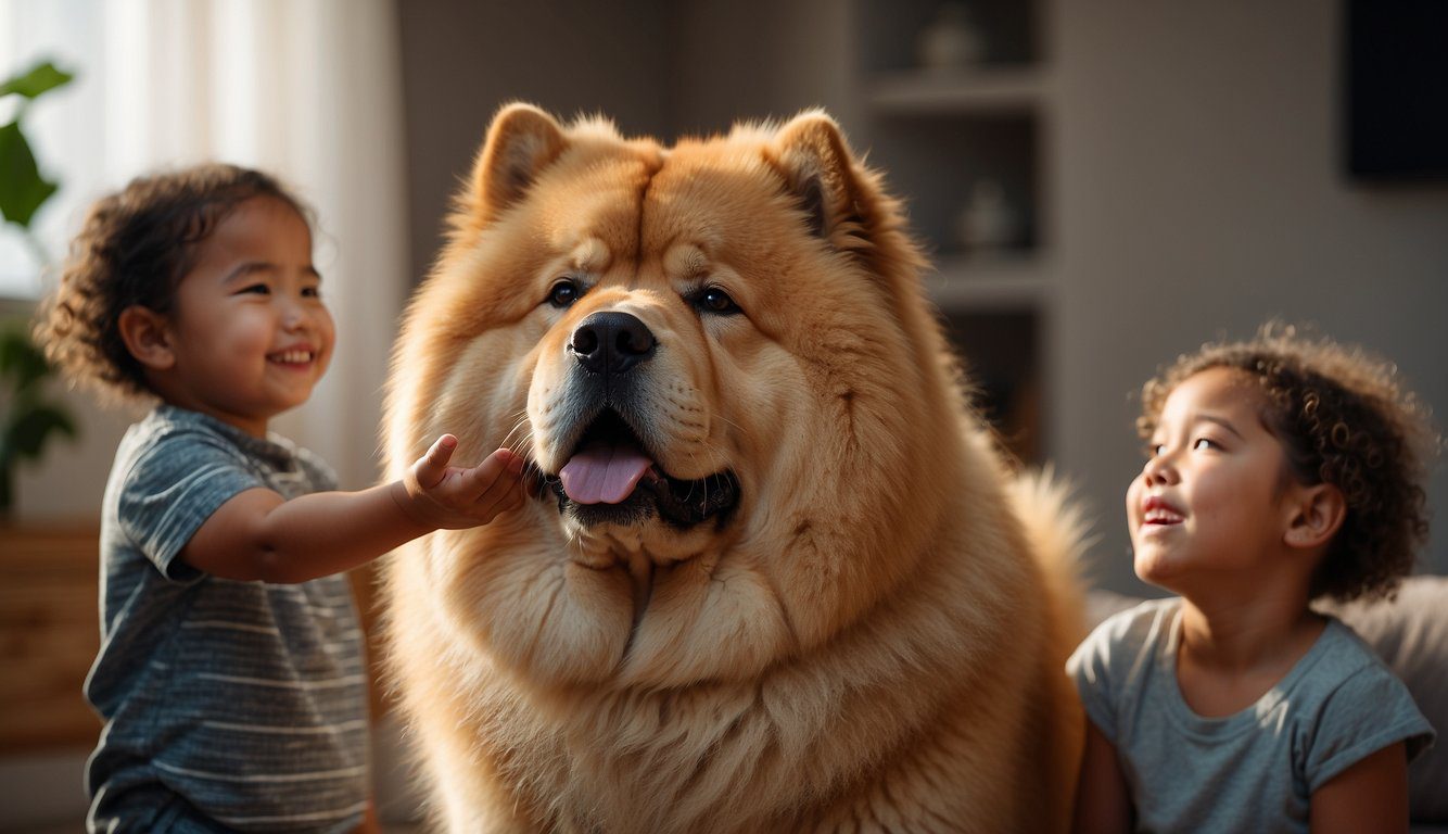 A Chow Chow sits attentively as a family teaches it commands. A child holds a treat, while the dog looks up eagerly