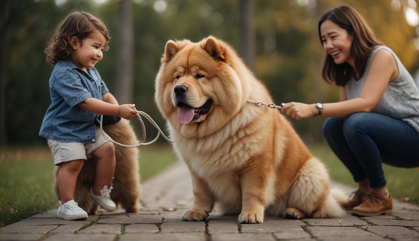 A Chow Chow sits attentively as a family member rewards it with a treat, while another family member holds a leash and looks on with a smile