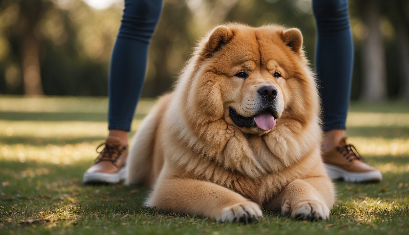 A Chow Chow sitting obediently, surrounded by toys and treats. A family member praises the dog, while another uses a clicker for positive reinforcement